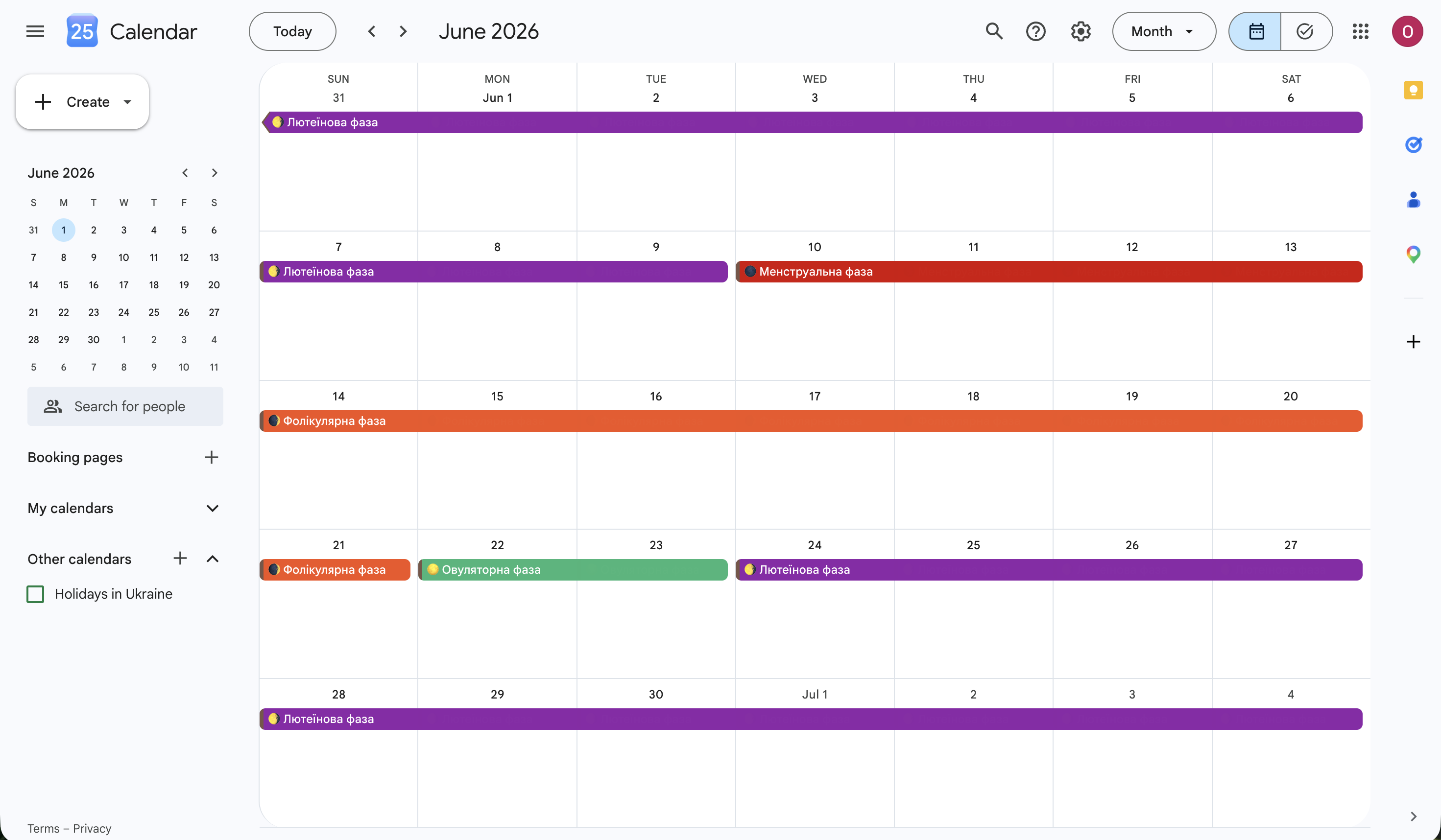 Cycle phases shown as colour-coded events in Google Calendar
